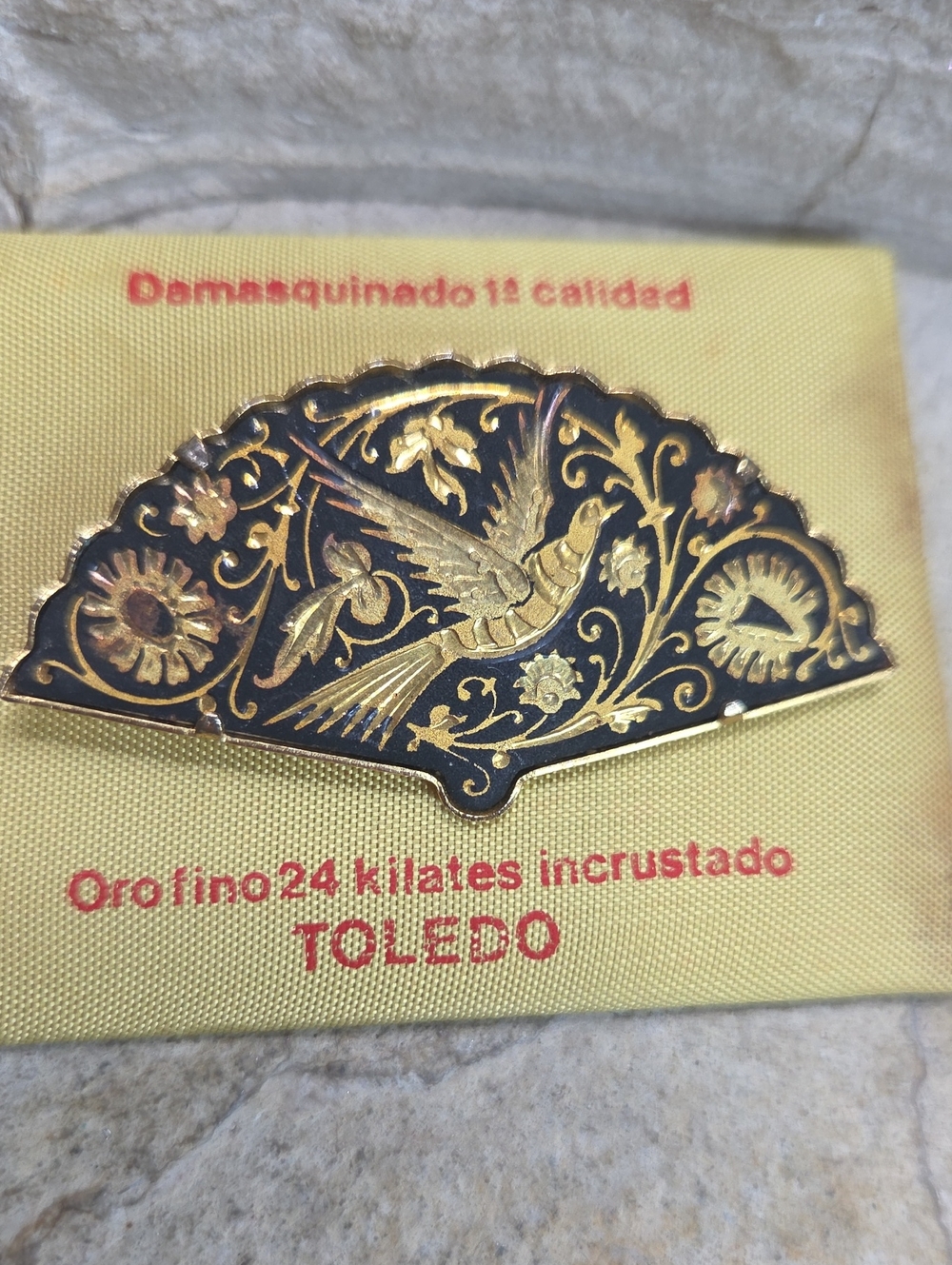 Vintage Toledo Damascene Large Fan Dove Brooch 24k gold plate and Enamel Spain